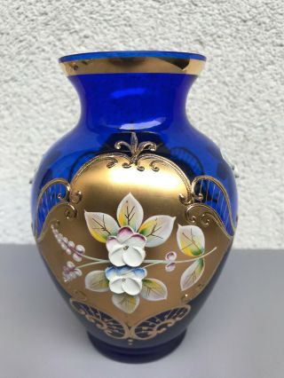 Vtg Czech Bohemian Moser Cobalt Blue Glass Vase Enameled Flowers & Gold Plated