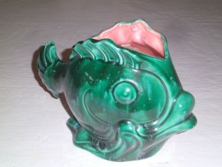 Art Pottery Fish Vase|planter Mid Century Mottled Green Glaze W|pink Signed Cba