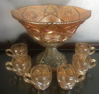 Orange Iridescent Carnival Glass Whirling Star Punch Bowl & Base Set W 6 Cups