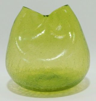 Vintage Blenko Light Green Crackle Pinched Top Vase 5 "