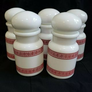 Milk Glass Spice Jars Apothecary Lided Containers Belgium Vintage Red Design Set