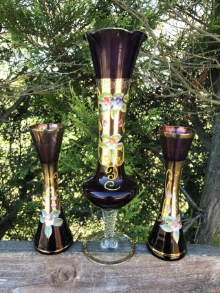 3 Italian Vintage Murano Glass Vases Gold Lustre Hand Painted Gc
