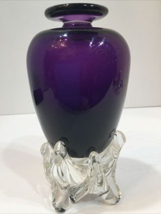 Vintage Signed Hand Blown Amethyst Art Glass Vase On Clear Feet Signed ? 1975