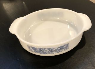 Currier And Ives Milk Glass Blue Wagon Train Casserole Dish With Handles 8.  5” 2
