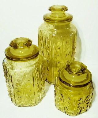 3 Vtg L E Smith Atterbury Scroll Apothecary Canisters - Amber