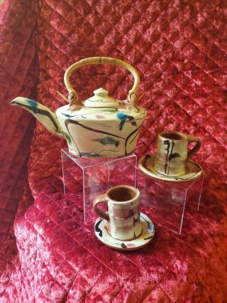 Studio Art Pottery Teapot With Cups & Saucers,  Potters Mark