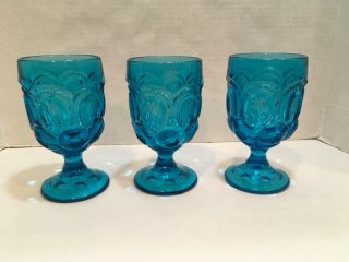 3 Vintage Moon And Stars Blue 5 3/4 " Goblets -
