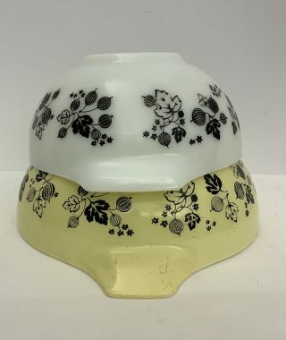 Vintage Pyrex Gooseberry Cinderella Bowls Black White Yellow Set 443 & 444