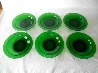 6 Scarce Emerald Forest Green Round Glass 8 5/8 " Rim Soup Pasta Salad Bowls