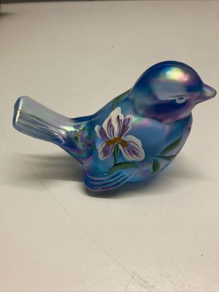 Fenton Hand Painted Blue Iridescent Art Glass Bird Figurine Artist Signed