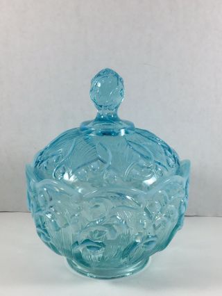 Vintage Fenton Blue Opalescent Lily Of The Valley Lidded Candy Dish