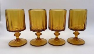 Vintage Mcm Amber Glass Footed Stem Tumbler Water Goblet Vertical Panels 6 - 1/4 "