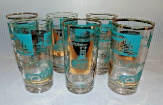 Mcm Vintage Libbey Glass Southern Comfort Riverboat Highball Set Of 6 Aqua Gold