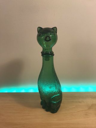 Empoli Cat Bottle Green Emerald Glass Italian Italy Vintage Retro