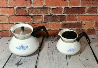 2 Vintage Corning Ware Blue Cornflower Coffee Tea Pots P - 104 6 Cups & 3 Cups
