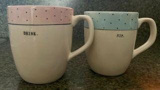 Rae Dunn " Sip " & " Drink " Set Of 2 Mugs Blue And Pink Polka Dot By Magenta