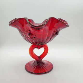 Fenton Art Glass - Ruby Red/amberina Roses Heart Stem Comport.  Valentine 
