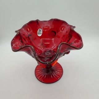 FENTON ART GLASS - Ruby red/amberina Roses Heart Stem Comport.  Valentine ' s gift 2