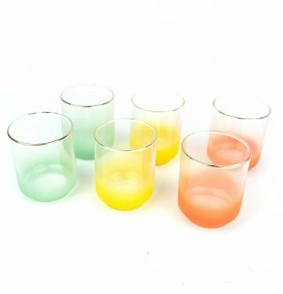 Vintage Set Of 6 Libbey Juice Glasses With Satin Finish Orange,  Green,  Yellow