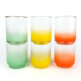 Vintage Set of 6 Libbey Juice Glasses with Satin Finish Orange,  Green,  Yellow 2