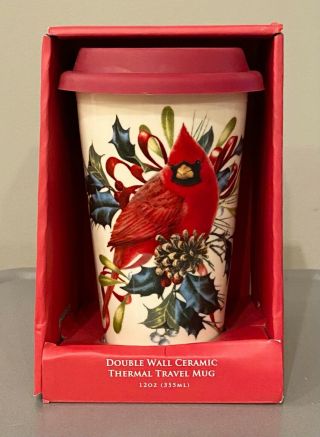 Lenox Double Wall Ceramic Thermal Travel Mug Winter Greetings Cardinal New/box