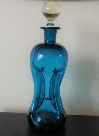 Mid - Century Holmegaard Kluk Kluk Pinch Blue/teal Art Glass Decanter W/stopper
