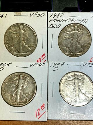 1941,  1942,  1945 - D,  1947 - D U.  S.  Walking Liberty Half Dollars (vf, )