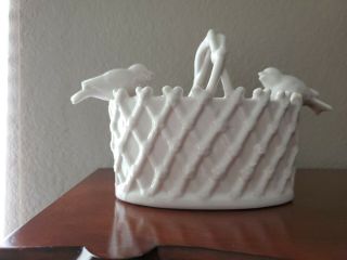 Grace’s Teaware Bird Flower Basket Handled Weave Pattern White Porcelain 8.  5 " W