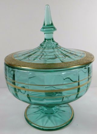 Tiffin Green Glass Covered Dish Pedestal Paneled Bowl Lid Gold Gilt Rambler Rose