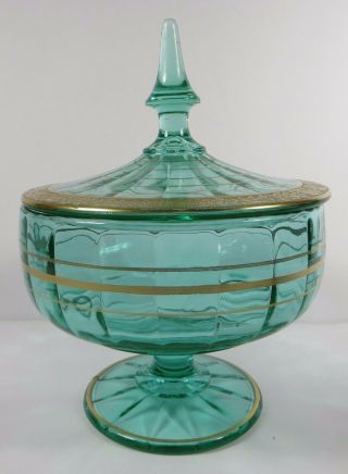 TIFFIN Green Glass Covered Dish Pedestal Paneled Bowl Lid Gold Gilt Rambler Rose 2