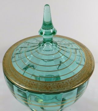 TIFFIN Green Glass Covered Dish Pedestal Paneled Bowl Lid Gold Gilt Rambler Rose 3