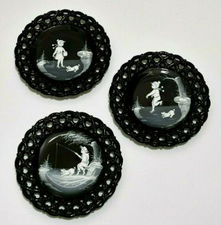 Vintage Mary Gregory Hand Painted Black Milk Glass Plates Westmoreland