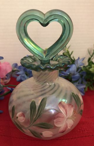 Fenton Green Glass Hand Painted Flowers Perfume Bottle W/ Heart Stopper
