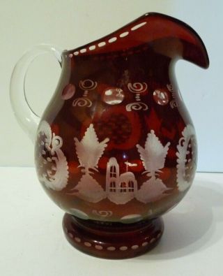 Vintage Egermann Bohemian Czech Ruby Red Etched Crystal Glass Large Pitcher