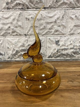 Viking Amber Orange Glass Epic Mid Century Long Tail Bird Candy Dish