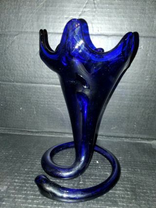 Vintage Murano Style Hand Blown Art Glass Vase Trumpet Flower Blue Cobalt 10”