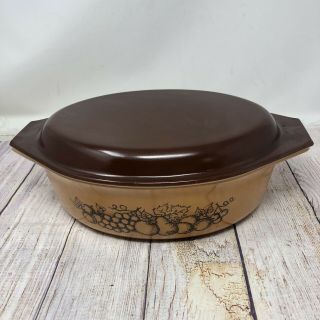 Vintage Pyrex Old Orchard 043 Oval Casserole Dish W/ Lid Tan Brown 21/2qt