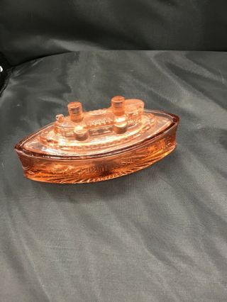 Vintage Remember The Maine Pink Depression Glass Lidded Candy Dish