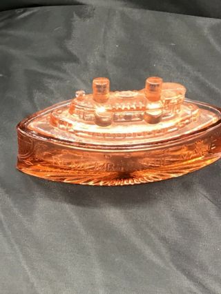 VINTAGE REMEMBER THE MAINE PINK DEPRESSION GLASS LIDDED CANDY DISH 2