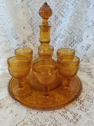 Vintage Tiara Indiana Glass Amber Sandwich Pattern Wine Decanter Goblets / Tray