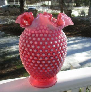 Vintage Fenton Cranberry Opalescent Hobnail Ruffled Top 8 1/4 " Vase