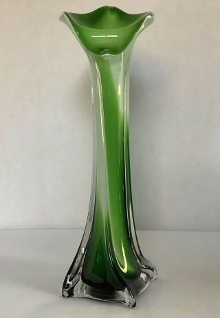 Vintage,  Murano Tulip Shaped Green And White Glass Vase - 11 1/2”