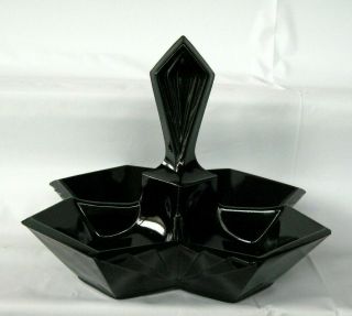 Tiara Indiana Glass Black Art Deco Pyramid Handled 4 Part Relish Tray