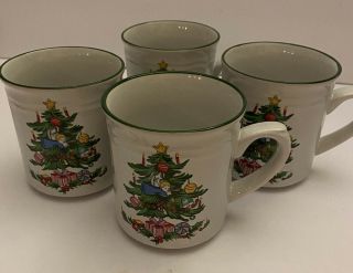 Vintage Set Of 4 Stoneware Christmas Tree Coffee Mugs Made In Japan