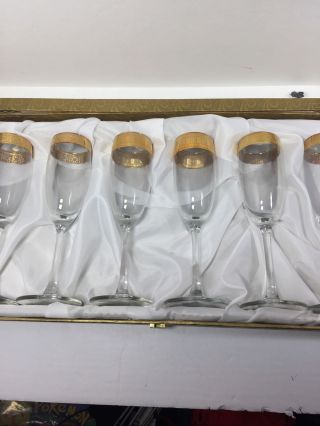 Set Of 6 J Preziosi Lavorato A Mano Gold Trim Champagne Flutes Glasses Italy