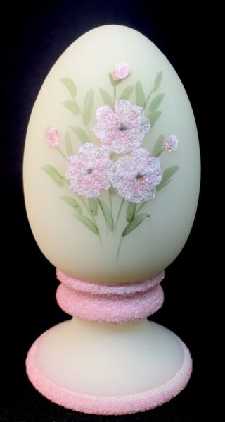 Fenton Art Glass Hand Painted Pink Blossoms On Custard Egg