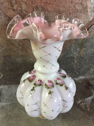Vintage Fenton Hand Painted Flower Pink Crest White Ruffled Cased Art Glass Vase