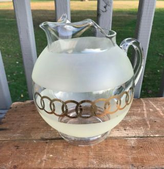Vtg Mid Century Art Deco Gold Circle Rings Chainlink Glass Ball Pitcher Carafe