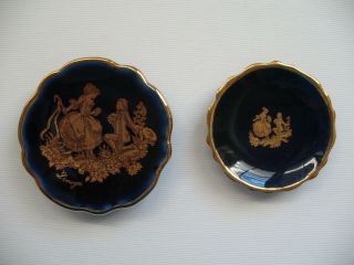 2 Vintage Miniature Limoges Porcelain Plates Cobalt Blue & Gold Decorative