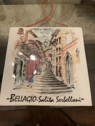 Vintage Italian Hand Painted Ceramic Tile Of Bellagio Italy 5 7/8 " X 5 7/8 "